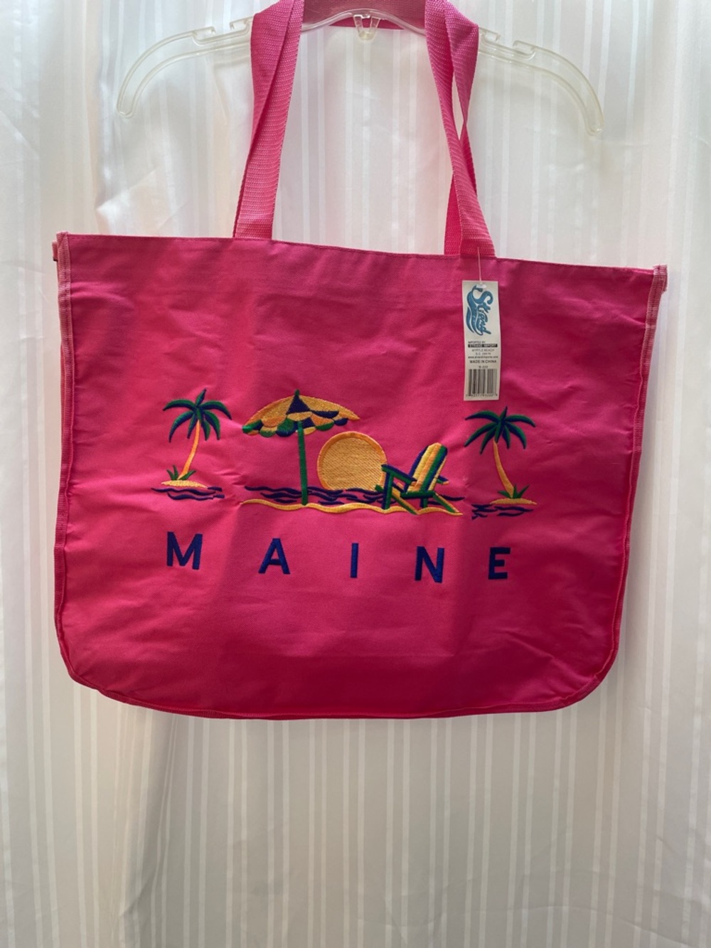Pink 'MAINE' Beach Tote with Tropical Embroidery